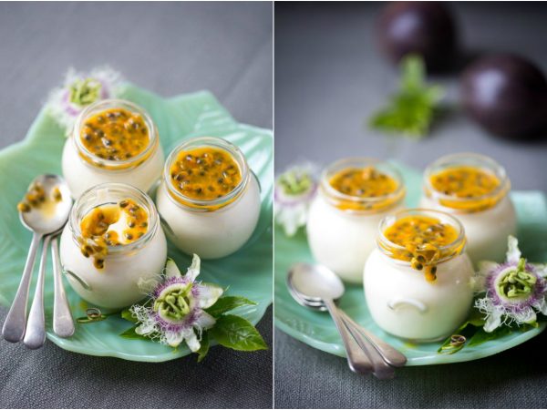 Panacota vegana com calda de maracujá